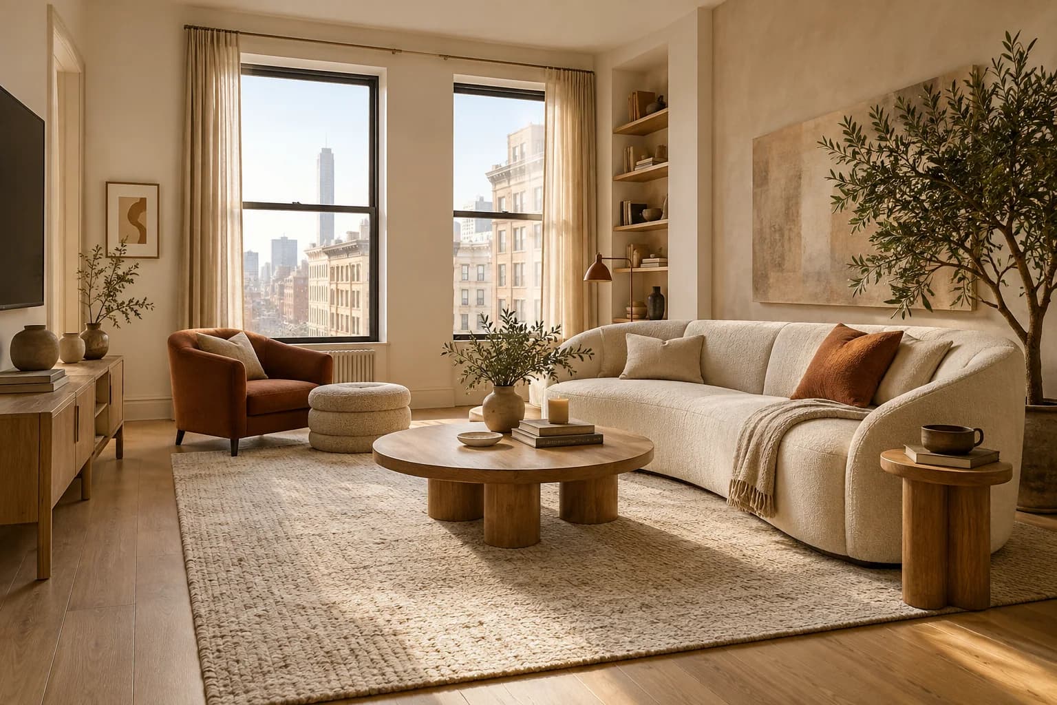 Warm neutral living room prepared for short-term rental guests