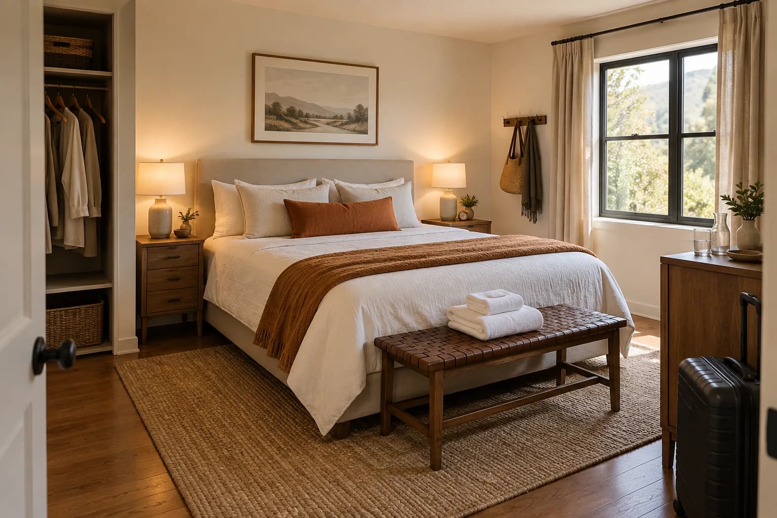 Guest-ready short-term rental bedroom with practical amenities