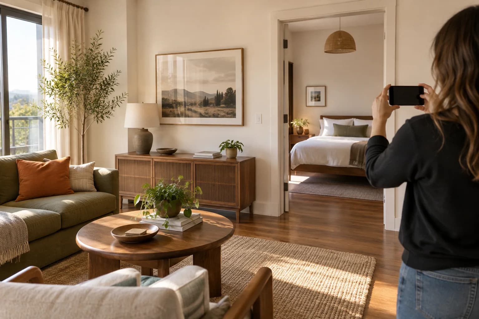 Property host photographing a prepared rental room between stays